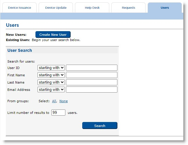 Users tab of CMS Operator portal with a Create New User button, as well as various User Search fields